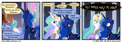 Size: 950x331 | Tagged: safe, artist:gx, character:princess celestia, character:princess luna, comic, frown, geography, glare, gritted teeth, horse puns, horsepower, names, open mouth, pun, sharp teeth, smiling, teeth, traditional royal canterlot voice, tyrant celestia, wide eyes