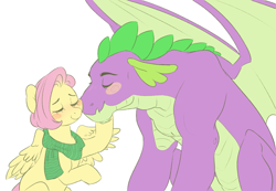 Size: 1434x992 | Tagged: safe, artist:frowoppy, character:fluttershy, character:spike, species:dragon, species:pegasus, species:pony, ship:flutterspike, alternate hairstyle, crack shipping, eyes closed, female, male, older, older spike, shipping, short hair, simple background, size difference, smiling, straight, winged spike