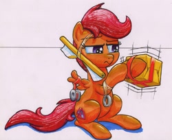 Size: 2686x2193 | Tagged: safe, artist:bbqninja501st, character:scootaloo, species:pony, cute, cutealoo, female, filly, present, ribbon, silly, silly pony, solo, tape, traditional art, wrapping, wrapping paper