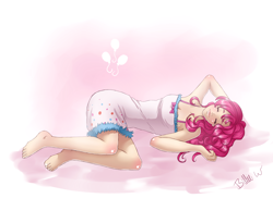 Size: 2962x2152 | Tagged: safe, artist:missangest, character:pinkie pie, species:human, barefoot, clothing, dress, feet, female, gradient background, high res, humanized, pajamas, sleeping, solo