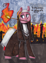 Size: 1720x2352 | Tagged: safe, artist:colouredteapot, character:pinkamena diane pie, character:pinkie pie, species:pony, clothing, female, fire, human facial structure, mare, mouth hold, nun, russian, solo, traditional art