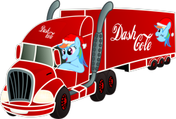 Size: 5000x3380 | Tagged: safe, artist:deyrasd, character:rainbow dash, species:pegasus, species:pony, christmas, clothing, coca-cola, female, hat, high res, holiday, mare, santa hat, semi truck, simple background, solo, transparent background, truck, vector