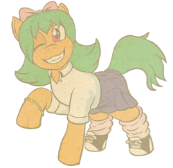 Size: 1233x1200 | Tagged: safe, artist:regularmouseboy, derpibooru original, oc, oc only, oc:pumpkin pudding pie, species:earth pony, species:pony, 2018 community collab, derpibooru community collaboration, 20th century, bobby soxer, bow, bracelet, clothing, converse, freckles, jewelry, one eye closed, raised hoof, shirt, shoes, simple background, skirt, smiling, socks, transparent background, vintage, wink