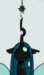 Size: 1053x1773 | Tagged: safe, artist:colouredteapot, character:queen chrysalis, species:changeling, changeling queen, female, gray background, hair over one eye, holly, holly mistaken for mistletoe, looking up, mistleholly, sad, simple background, solo
