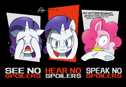 Size: 2338x1620 | Tagged: safe, artist:theratedrshimmer, character:pinkie pie, character:rarity, species:earth pony, species:pony, species:unicorn, abuse, bust, comic, crying, dialogue, female, looking at you, mare, no spoilers, open mouth, pinkiebuse, signature, slap, slapping, three wise monkeys, underhoof