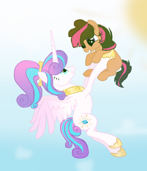 Size: 842x981 | Tagged: safe, artist:theapplebeauty, character:princess flurry heart, oc, oc:charm book, parent:cheese sandwich, parent:twilight sparkle, parents:cheeselight, species:earth pony, species:pony, female, flying, holding a pony, mare, offspring, older
