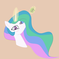 Size: 1748x1746 | Tagged: safe, artist:ononim, character:princess celestia, species:alicorn, species:pony, blushing, bronybait, bust, christmas, female, holiday, lidded eyes, looking at you, magic, mare, missing accessory, mistletoe, portrait, simple background, smiling, solo, tan background, this will end in kisses