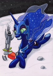 Size: 2327x3371 | Tagged: safe, artist:bbqninja501st, character:nightmare moon, character:princess luna, species:alicorn, species:pony, box, female, grin, holly, moon, prone, rocket, smiling, solo, space, traditional art