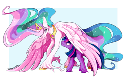 Size: 2127x1299 | Tagged: safe, artist:polkadot-creeper, character:princess celestia, character:twilight sparkle, species:alicorn, species:pony, species:unicorn, duo, female, hug, jewelry, looking down, looking up, mare, momlestia, regalia, simple background, spread wings, teacher and student, unshorn fetlocks, winghug, wings