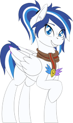 Size: 1701x2879 | Tagged: safe, artist:wcnimbus, oc, oc only, oc:lumi, species:pegasus, species:pony, 2018 community collab, derpibooru community collaboration, charm, clothing, colored pupils, colored wings, colored wingtips, ear fluff, female, mare, raised hoof, scarf, simple background, smiling, standing, transparent background