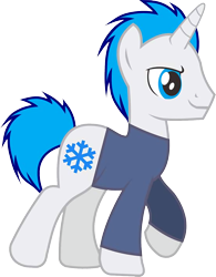 Size: 1104x1418 | Tagged: safe, artist:cakonde, oc, oc only, species:pony, species:unicorn, 2018 community collab, derpibooru community collaboration, clothed ponies, clothing, male, original character do not steal, raised hoof, simple background, smiling, snow, snowflake, solo, stallion, transparent background