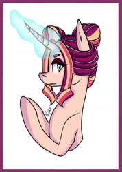 Size: 1422x1993 | Tagged: safe, artist:nyokoart, oc, oc only, oc:midnight abyss, parent:starlight glimmer, parent:sunset shimmer, parents:shimmerglimmer, species:pony, species:unicorn, pandoraverse, curved horn, glowing horn, looking at you, magical lesbian spawn, offspring, solo