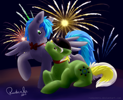 Size: 2100x1700 | Tagged: safe, artist:rudazmora, oc, oc only, species:earth pony, species:pegasus, species:pony, blue, cap, clothing, collar, couple, female, fireworks, gray, green, happiness, hat, male, mare, new year, stallion, tongue out, yellow