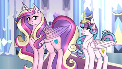 Size: 2560x1440 | Tagged: safe, artist:nyokoart, character:princess cadance, character:princess flurry heart, species:alicorn, species:pony, crystal castle, duo, female, glowing horn, mare, mother and daughter, older, older flurry heart, teenager