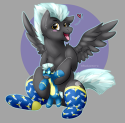 Size: 1303x1282 | Tagged: safe, artist:rudazmora, character:thunderlane, species:pegasus, species:pony, black, clothing, gray, heart, plushie, smiling, socks, stockings, thigh highs, tongue out, uniform, wings, wonderbolts, wonderbolts uniform
