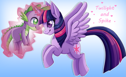Size: 1953x1199 | Tagged: safe, artist:pauuhanthothecat, character:spike, character:twilight sparkle, character:twilight sparkle (alicorn), species:alicorn, species:dragon, species:pony, female, flying, glowing horn, levitation, looking at each other, magic, magic aura, male, smiling, spikelove, spread wings, telekinesis, wings