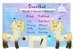 Size: 3000x2000 | Tagged: safe, artist:diane-thorough, oc, oc only, oc:dianthus, species:pony, species:unicorn, curved horn, female, reference sheet, small pony, solo