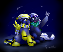 Size: 1648x1374 | Tagged: safe, artist:rudazmora, oc, oc only, oc:thunder, oc:wolfmane, species:earth pony, species:pegasus, species:pony, cap, clothing, couple, glasses, gray, hat, male, night, scarf, smiling, snow, snowflake, stars, tongue out, winter, yellow