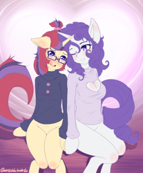 Size: 500x605 | Tagged: safe, artist:sagasshi, character:moondancer, character:rarity, species:anthro, species:pony, species:unicorn, arm hooves, blushing, bottomless, breasts, busty rarity, cleavage, cleavage window, clothing, crack shipping, female, floppy ears, glasses, holding hooves, keyhole turtleneck, lesbian, one eye closed, open mouth, partial nudity, raridancer, shipping, sweater, turtleneck, wink