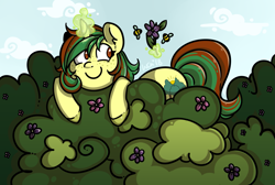 Size: 2067x1392 | Tagged: safe, artist:colouredteapot, oc, oc only, oc:northern spring, species:pony, species:unicorn, bee, female, flower, glowing horn, magic, solo, tree