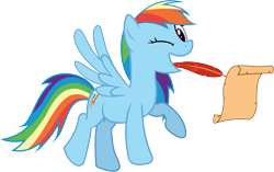 Size: 8558x5374 | Tagged: safe, artist:sinkbon, character:rainbow dash, species:pegasus, species:pony, episode:the mysterious mare do well, g4, my little pony: friendship is magic, .ai available, absurd resolution, female, mare, mouth hold, one eye closed, quill, scroll, simple background, transparent background, vector, wink