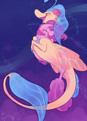 Size: 638x880 | Tagged: safe, artist:bananasmores, character:pinkie pie, character:princess skystar, species:seapony (g4), ship:skypie, my little pony: the movie (2017), bubble, duo, female, hug, lesbian, seaponified, seapony pinkie pie, shipping, species swap, swimming, underwater