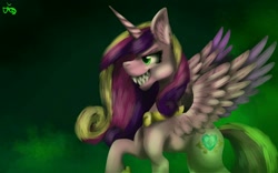 Size: 1280x800 | Tagged: safe, artist:lordofthefeathers, character:princess cadance, character:queen chrysalis, species:pony, fake cadance, female, sharp teeth, solo, teeth