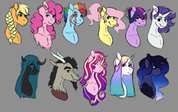 Size: 6400x4024 | Tagged: safe, artist:midnight-drip, character:applejack, character:discord, character:fluttershy, character:pinkie pie, character:princess cadance, character:princess celestia, character:princess luna, character:queen chrysalis, character:rainbow dash, character:rarity, character:twilight sparkle, species:changeling, species:draconequus, species:pony, absurd resolution, alternate design, alternate hairstyle, bust, mane six, portrait, scar