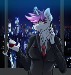 Size: 2604x2773 | Tagged: safe, artist:loki-bagel, oc, oc only, species:anthro, business suit, businessmare, clothing, drink, eyeshadow, glasses, lipstick, makeup, solo, suit