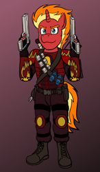 Size: 700x1200 | Tagged: safe, artist:regularmouseboy, oc, oc only, oc:valiant flame, species:anthro, species:pony, species:unicorn, armor, assault rifle, boots, cartridge, clothing, desert eagle, flashbang, g36, gradient background, gun, rifle, shoes, simple background, solo, sword, weapon