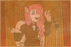 Size: 1800x1200 | Tagged: safe, artist:regularmouseboy, character:princess celestia, oc, oc:golden penny, species:anthro, species:pegasus, species:pony, bow tie, clothing, disguise, microphone, singing, suit, tuxedo, vintage