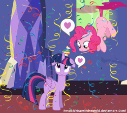 Size: 718x640 | Tagged: safe, artist:khaotixdreamfd, character:pinkie pie, character:twilight sparkle, character:twilight sparkle (alicorn), species:alicorn, species:pony, ship:twinkie, confetti, female, heart, lesbian, pictogram, shipping, tailcopter