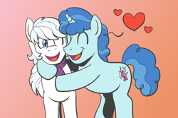 Size: 1800x1200 | Tagged: safe, artist:regularmouseboy, character:double diamond, character:party favor, species:earth pony, species:pony, species:unicorn, bromance, clothing, duo, friendship, friendshipping, gradient background, heart, hug, male, misleading thumbnail, not shipping, scarf, simple background, stallion