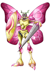 Size: 723x1023 | Tagged: safe, artist:allocen, character:fluttershy, butterfly wings, crossover, digimon, dukemon, emperorgallantmon, lance, shield, simple background, transparent background, weapon, wormmon