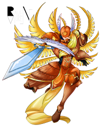 Size: 579x739 | Tagged: safe, artist:allocen, character:applejack, my little pony:equestria girls, angemon, armor, armor skirt, clothing, cosplay, costume, crossover, digimon, element of honesty, fusion, genesismon, multiple wings, patamon, seraph, seraphimon, simple background, skirt, sword, transparent background, weapon