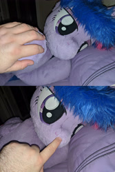 Size: 4032x6040 | Tagged: safe, artist:joltage, photographer:corpulentbrony, character:twilight sparkle, character:twilight sparkle (alicorn), species:alicorn, species:human, species:pony, absurd resolution, bed, bedroom, bedroom eyes, boop, hoof hold, human on pony action, interspecies, irl, irl human, life size, photo, plushie