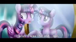 Size: 1024x566 | Tagged: safe, artist:kimmyartmlp, character:twilight sparkle, character:twilight sparkle (alicorn), character:twilight sparkle (unicorn), species:alicorn, species:pony, species:unicorn, alicorn drama, crying, drama, mirror, mouthpiece, op is a duck, reflection, sad, watermark