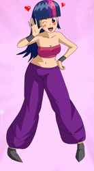 Size: 830x1500 | Tagged: safe, artist:gonzalossj3, base used, character:twilight sparkle, species:human, my little pony:equestria girls, akira toriyama, alternate costumes, belly button, blushing, caulifla, crossover, cute, dragon ball, dragon ball super, human coloration, midriff, one eye closed, style emulation, tube top, twiabetes, wink