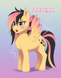 Size: 1800x2291 | Tagged: safe, artist:nummynumz, oc, oc only, oc:foxtrot, species:pegasus, species:pony, abstract background, music notes, pegasus oc, solo, wings