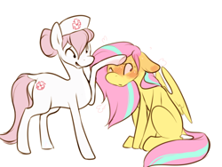 Size: 640x480 | Tagged: source needed, useless source url, safe, artist:bananasmores, character:nurse redheart, oc, oc:star shower, species:earth pony, species:pegasus, species:pony, blushing, canon x oc, duo, female, floppy ears, looking away, mare, not fluttershy, simple background, sitting, sweat, white background