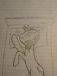 Size: 480x640 | Tagged: safe, artist:aeropegasus, species:pony, species:unicorn, bed, doodle, female, lined paper, mare, sleep talking, sleeping, solo, text, traditional art, z, zzz