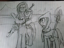Size: 1024x768 | Tagged: safe, artist:aeropegasus, character:scootaloo, oc, oc:aero pegasus, species:centaur, species:pony, angry, doodle, female, holding a pony, lined paper, mage, magic, male, robe, simple background, skyrim, staff, surprised, sword, the elder scrolls, traditional art, weapon