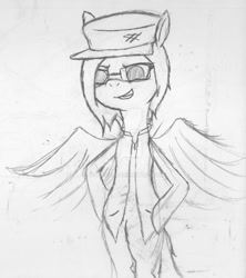 Size: 1024x1153 | Tagged: safe, artist:aeropegasus, oc, oc only, oc:aero pegasus, species:pegasus, species:pony, cap, clothing, female, flying, glasses, grin, hat, hooves on hips, looking down, simple background, sketch, smiling, vest, white background