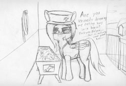 Size: 1024x704 | Tagged: safe, artist:aeropegasus, oc, oc only, oc:aero pegasus, species:pegasus, species:pony, barn, cap, clothing, doing horse things, eating hay, female, glasses, hat, hay, looking at you, sketch, solo, stable, text, traditional art, vest