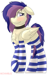 Size: 1800x2800 | Tagged: safe, artist:wcnimbus, oc, oc only, oc:lilith kamaria, species:pegasus, species:pony, blushing, chest fluff, choker, clothing, female, floppy ears, hair over one eye, mare, messy mane, simple background, socks, solo, stockings, striped socks, thigh highs, white background