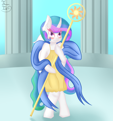 Size: 1725x1840 | Tagged: safe, artist:thomas tesla, character:princess celestia, species:alicorn, species:pony, alternate universe, bipedal, clothing, dress, female, holy, mare, priestess, priestess celestia, signature, solo, staff, young, younger