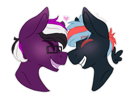 Size: 1200x970 | Tagged: safe, artist:person8149, oc, oc only, species:earth pony, species:pegasus, species:pony, blushing, boop, bust, cute, eyes closed, gay, glasses, heart, male, nuzzling, open mouth, portrait, simple background, smiling, stallion, transparent background, white outline