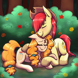 Size: 1000x1000 | Tagged: safe, artist:ghostlymarie, character:bright mac, character:pear butter, species:pony, ship:brightbutter, eyes closed, female, male, shipping, smiling, straight