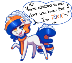 Size: 925x812 | Tagged: safe, artist:ghostlymarie, oc, oc only, oc:tide pod, species:pony, blank flank, britney spears, dialogue, english, food pony, looking at you, open mouth, pod, raised hoof, raised leg, simple background, singing, smiling, solo, song reference, standing, tide pods, tide pony, toxic (song), transparent background