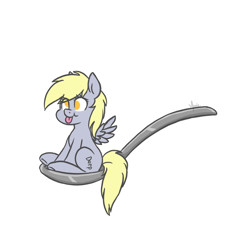 Size: 1000x1000 | Tagged: safe, artist:ghostlymarie, character:derpy hooves, species:pegasus, species:pony, cute, derp, female, horse spooning meme, mare, meme, micro, no pupils, simple background, sitting, smiling, solo, spoon, tiny ponies, tongue out, white background